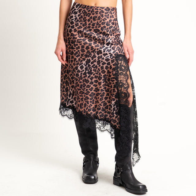 Vicolo- Gonna animalier asimmetrica con pizzo - nero/beige