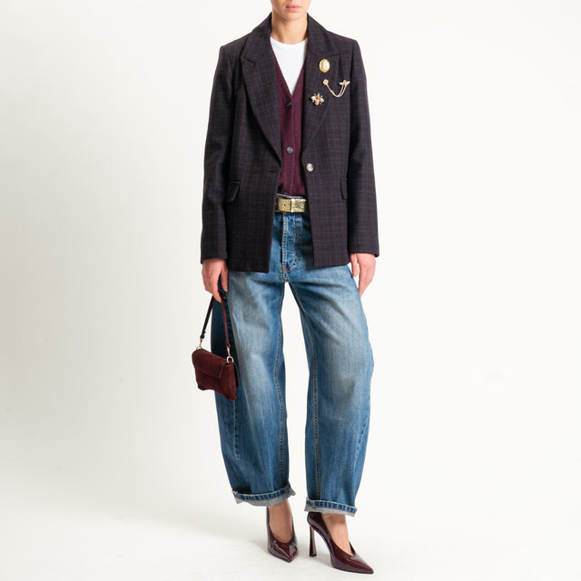 Vicolo-Giacca check misto lana con spille - vino/grigio