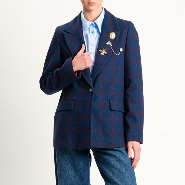 Vicolo-Giacca misto lana un bottone con spille - quadri blu/vino