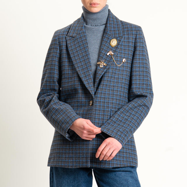 Vicolo-Giacca misto lana un bottone con spille - check antracite/azzurro