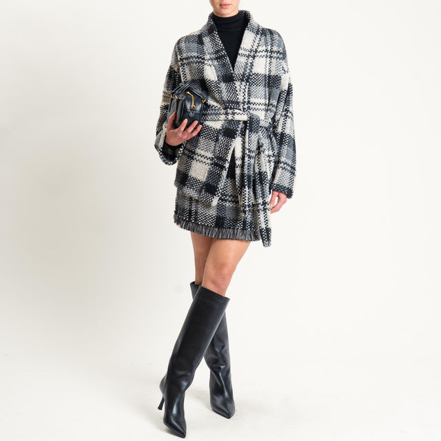 Vicolo-Kimono check misto lana - burro/grigio/nero