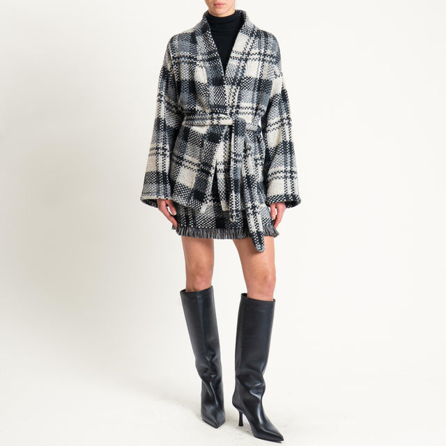 Vicolo-Kimono check misto lana - burro/grigio/nero