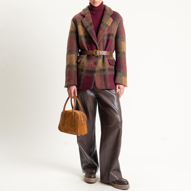 Vicolo-Giacca check misto lana con cintura - vino/cuoio