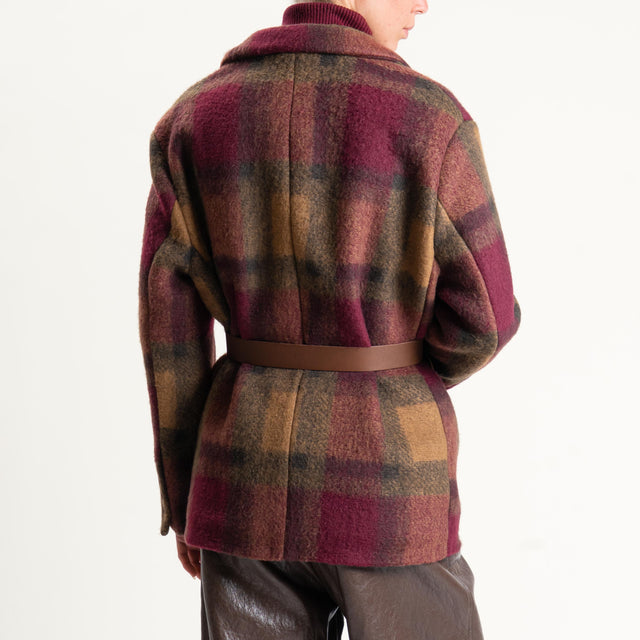 Vicolo-Giacca check misto lana con cintura - vino/cuoio