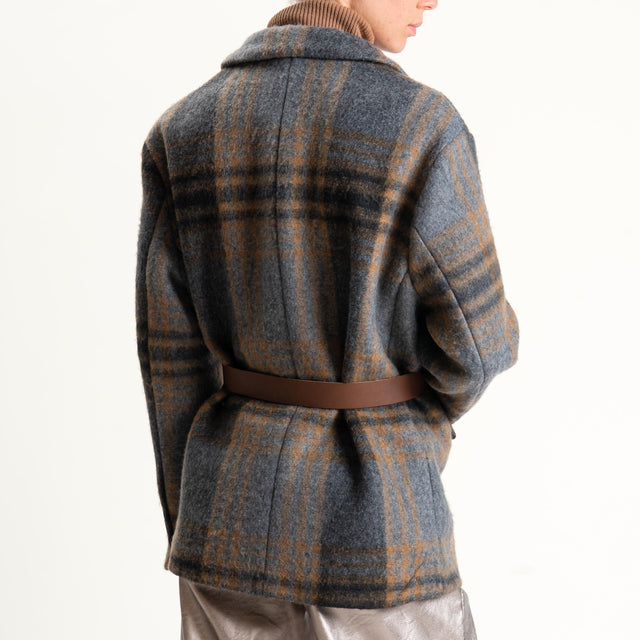 Vicolo-Giacca check misto lana con cintura - antracite/cuoio