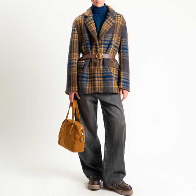 Vicolo-Giacca check misto lana con cintura - moro/blu