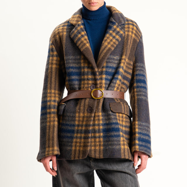 Vicolo-Giacca check misto lana con cintura - moro/blu