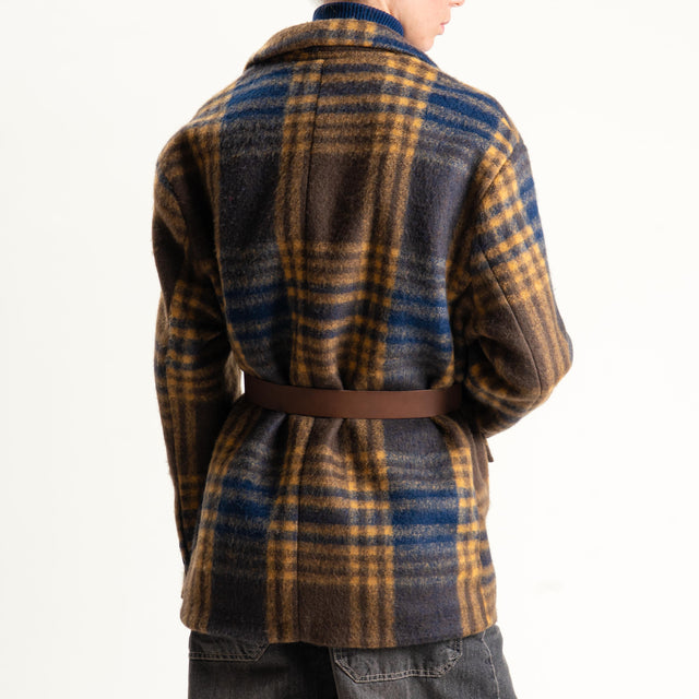 Vicolo-Giacca check misto lana con cintura - moro/blu