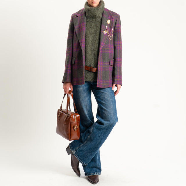 Vicolo-Giacca check misto lana con spille - militare/malva