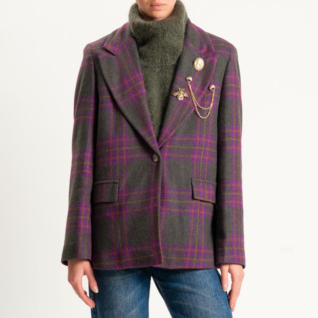 Vicolo-Giacca check misto lana con spille - militare/malva