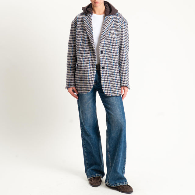 Vicolo-Giacca pied de poule misto lana con cappuccio - moro/latte/azzurro