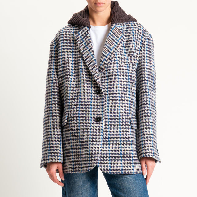 Vicolo-Giacca pied de poule misto lana con cappuccio - moro/latte/azzurro