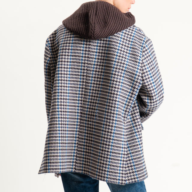 Vicolo-Giacca pied de poule misto lana con cappuccio - moro/latte/azzurro