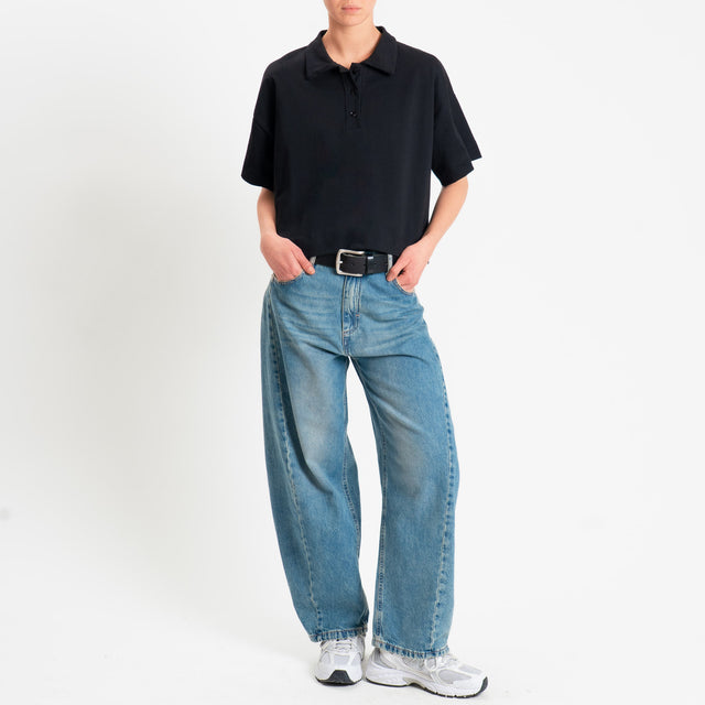 Vicolo-T-shirt collo polo con spacchi laterali - nero