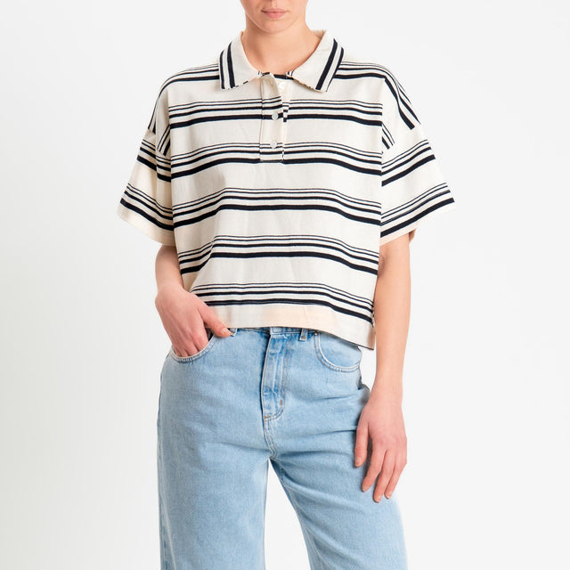 Vicolo-T-shirt a righe collo polo - burro/nero