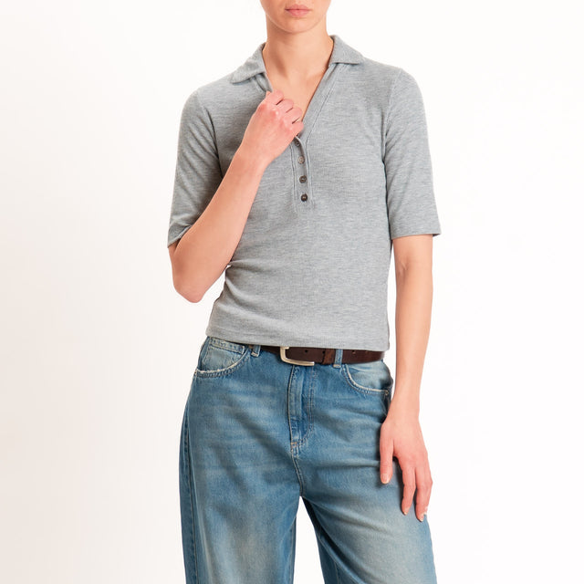 Vicolo-T-shirt a costine scollo polo - grigio melange