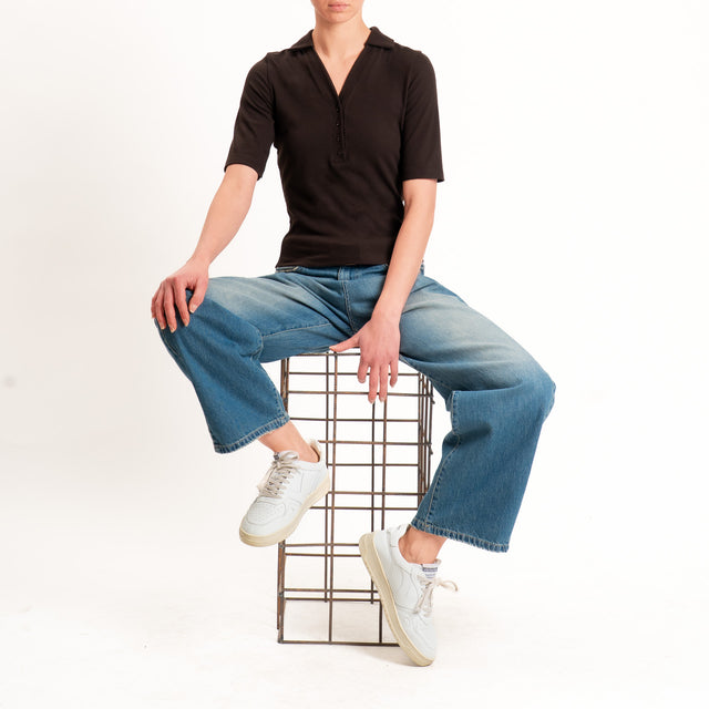 Vicolo-T-shirt a costine scollo polo - cioccolato