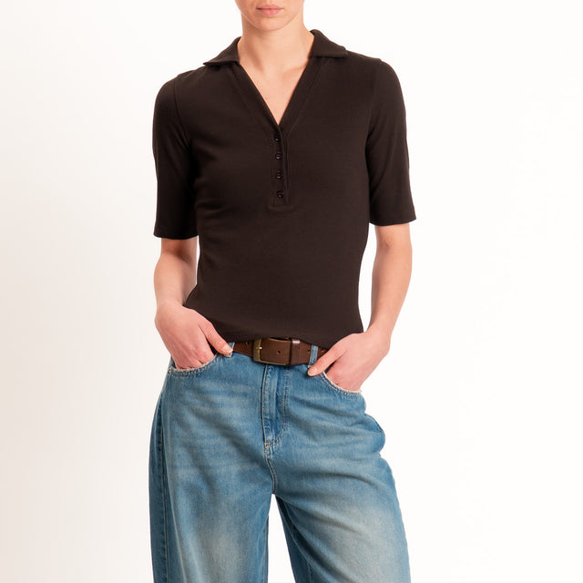 Vicolo-T-shirt a costine scollo polo - cioccolato