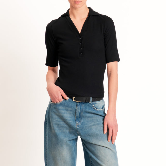 Vicolo-T-shirt a costine scollo polo - Nero