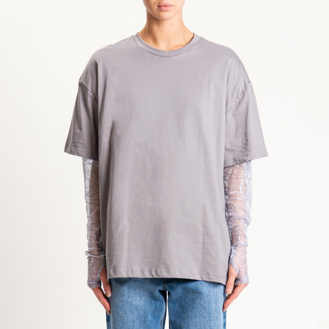 Vicolo- T-shirt manica doppio tessuto in pizzo - grey