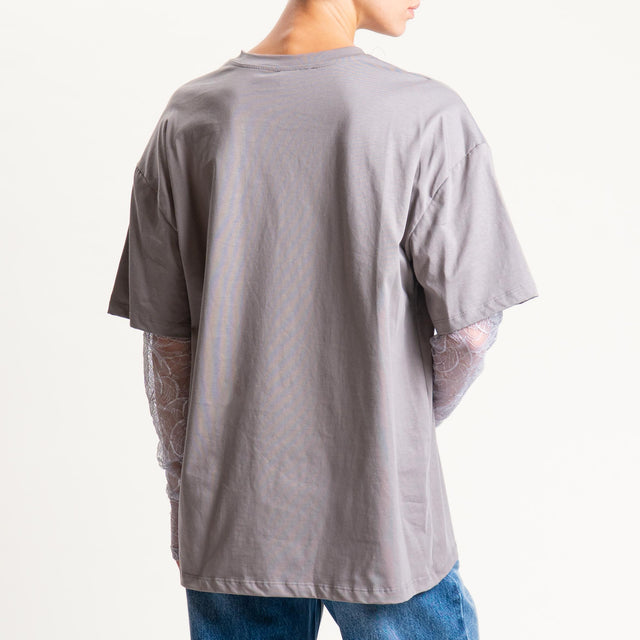 Vicolo- T-shirt manica doppio tessuto in pizzo - grey