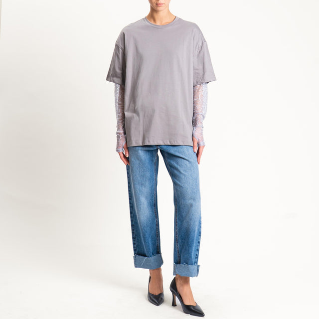 Vicolo- T-shirt manica doppio tessuto in pizzo - grey