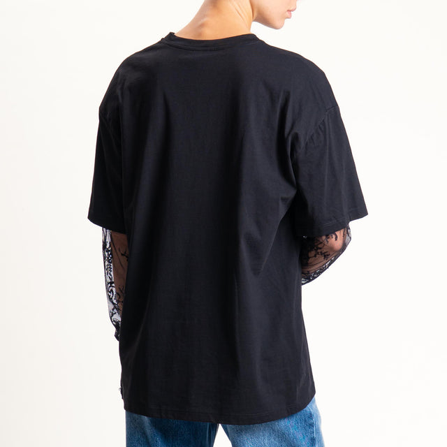 Vicolo- T-shirt manica doppio tessuto in pizzo - nero