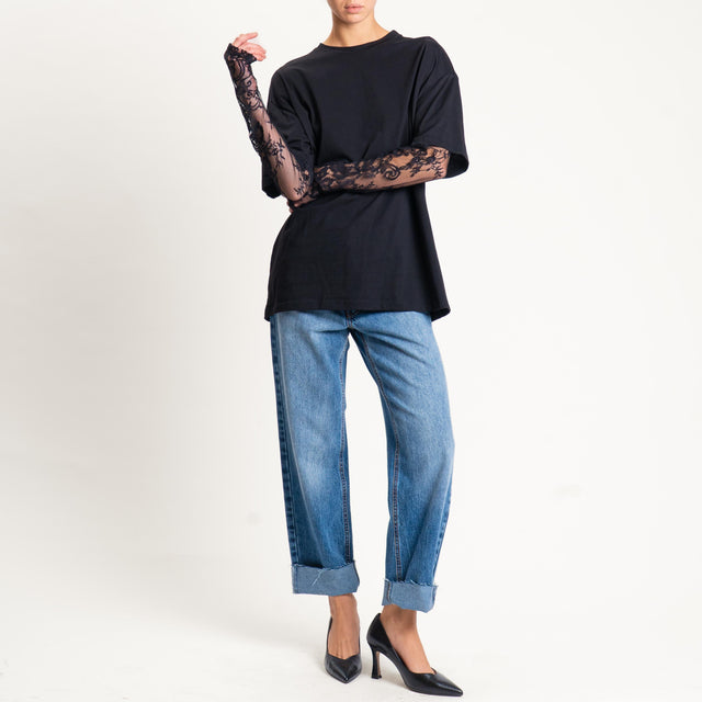 Vicolo- T-shirt manica doppio tessuto in pizzo - nero