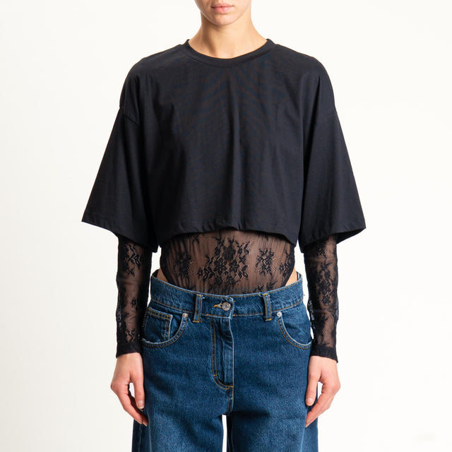Vicolo- Body doppio tessuto con pizzo - nero