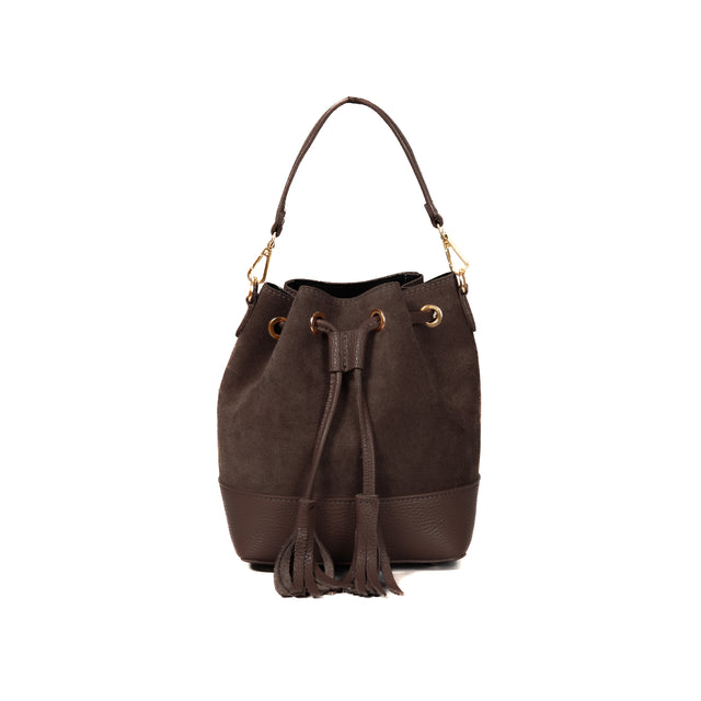 W by Whitemood-Large Bucket Bag with Tassels - Dark Brown