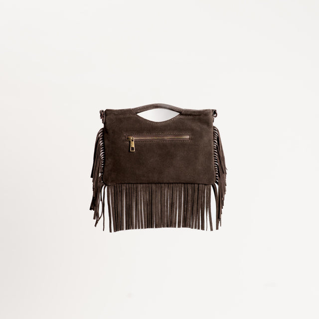 W by Whitemood-Borsa a mano scamosciata con frange - moro