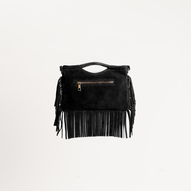 W by Whitemood-Borsa a mano scamosciata con frange - Nero