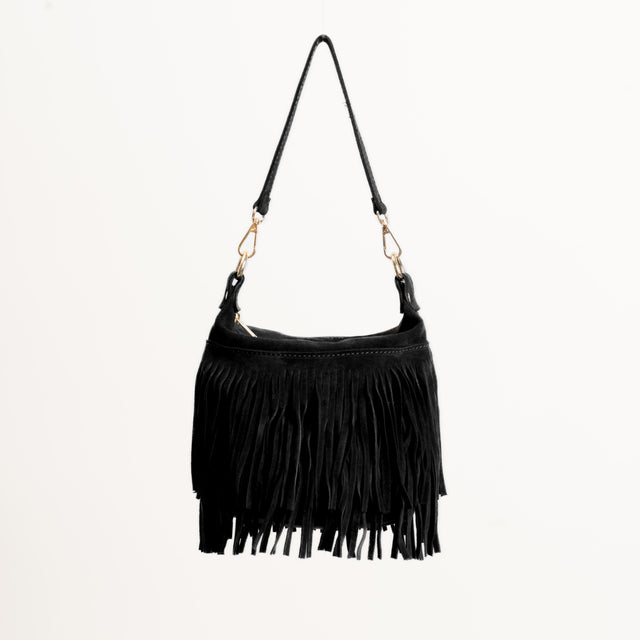 W by Whitemood-Borsa secchiello scamosciata con frange - Nero