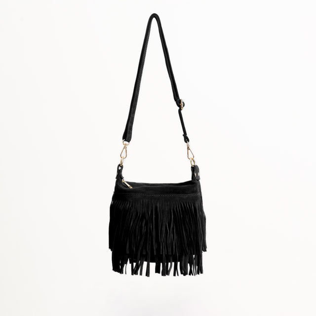 W by Whitemood-Borsa secchiello scamosciata con frange - Nero