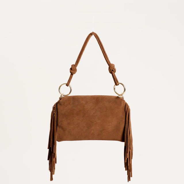 W by Whitemood- Borsa a spalla scamosciata con frange - cuoio