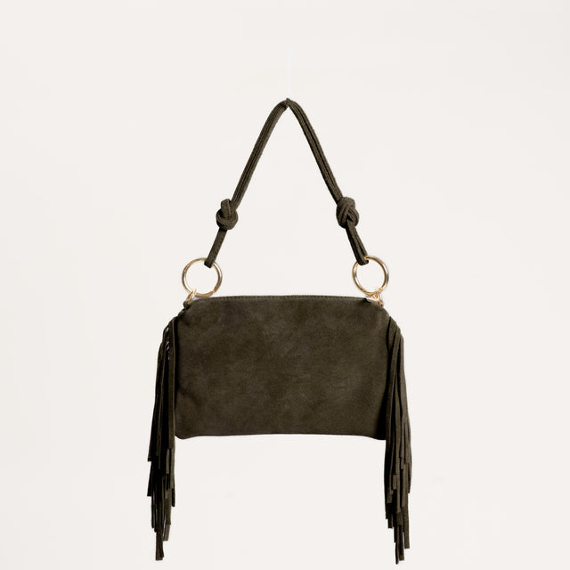 W by Whitemood- Borsa a spalla scamosciata con frange - militare