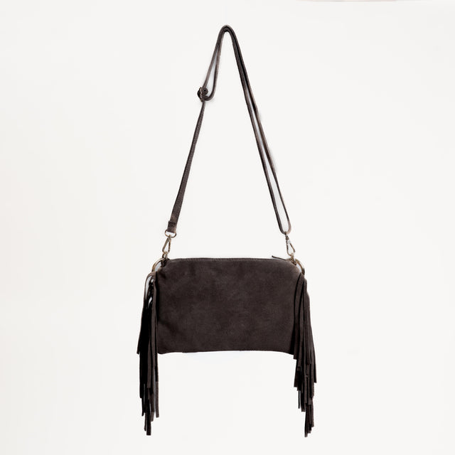 W by Whitemood- Borsa a spalla scamosciata con frange - moro