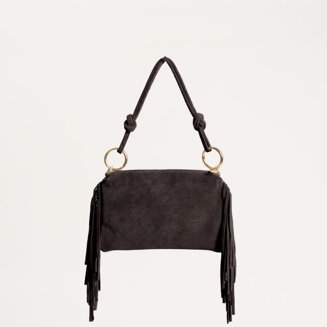 W by Whitemood- Borsa a spalla scamosciata con frange - moro