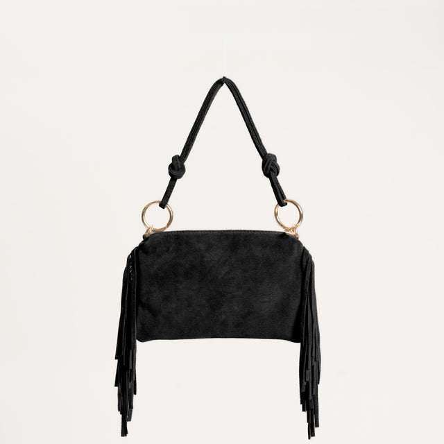 W by Whitemood- Borsa a spalla scamosciata con frange - Nero
