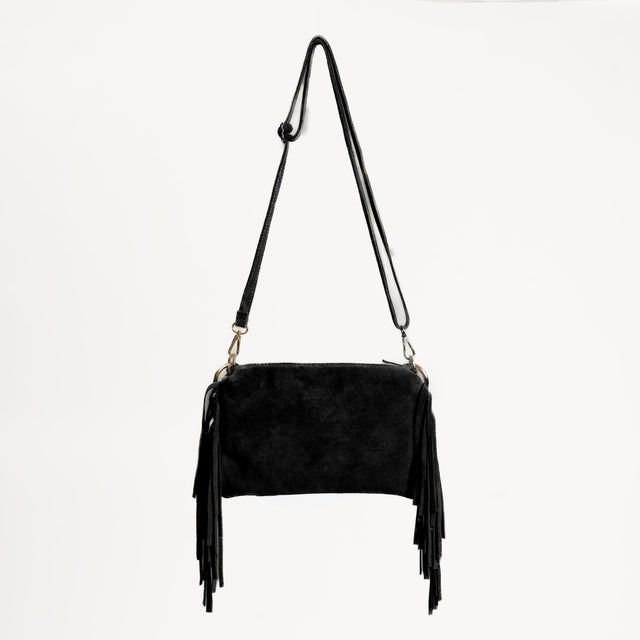 W by Whitemood- Borsa a spalla scamosciata con frange - Nero
