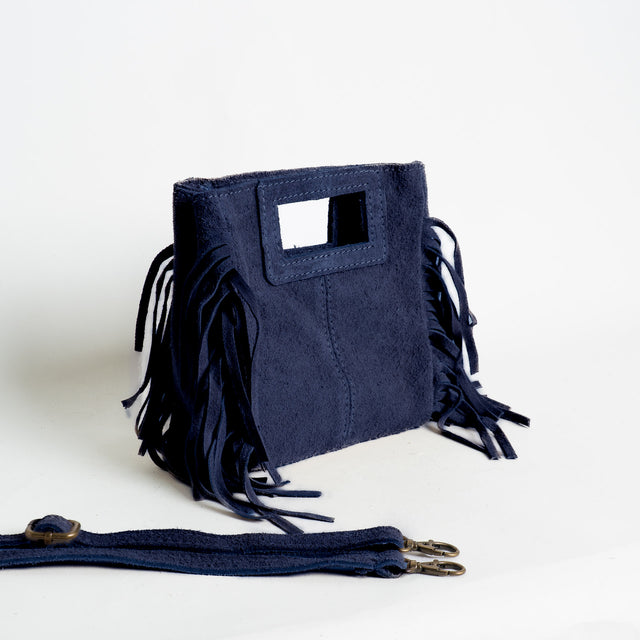 W by Whitemood-Mini borsa a mano scamociata con frange - Blu