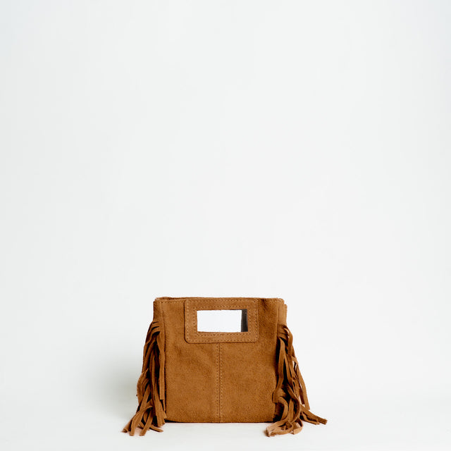W by Whitemood-Mini borsa a mano scamociata con frange - cuoio
