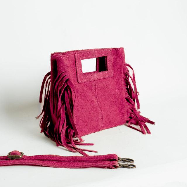 W by Whitemood-Mini borsa a mano scamociata con frange - fucsia