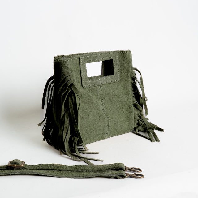 W by Whitemood-Mini borsa a mano scamociata con frange - militare