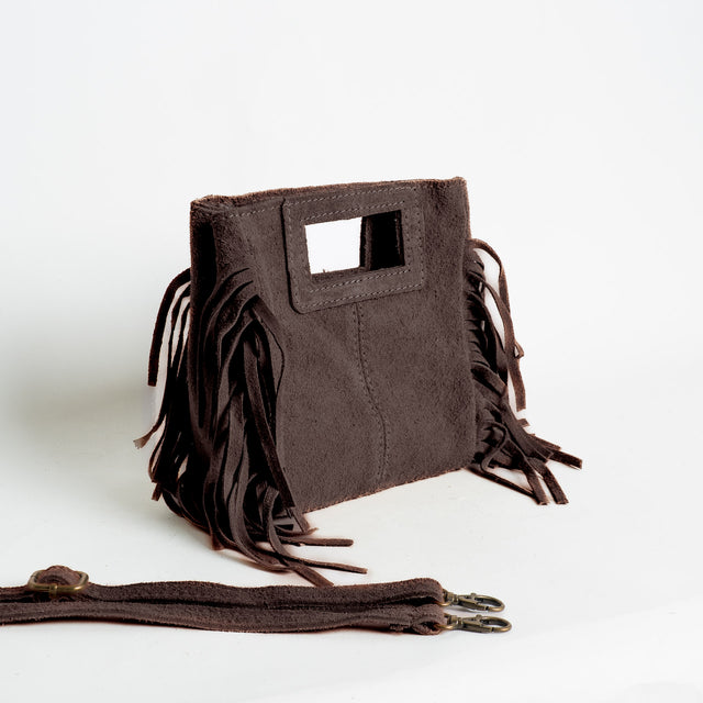 W by Whitemood-Mini borsa a mano scamociata con frange - caffe'