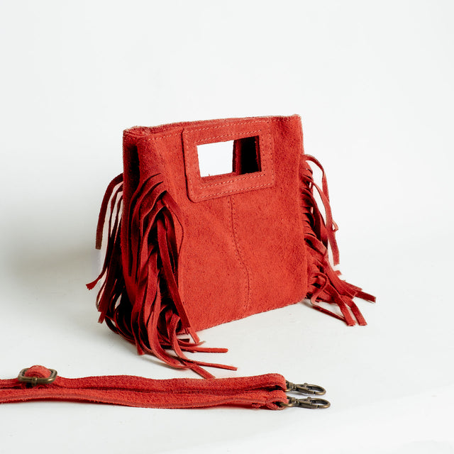 W by Whitemood-Mini borsa a mano scamociata con frange - rosso