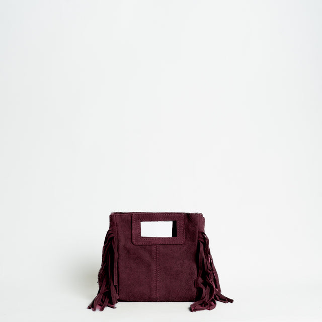 W by Whitemood-Mini borsa a mano scamociata con frange - vino