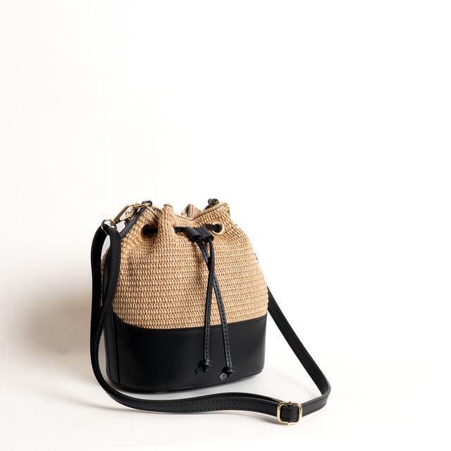 W by Whitemood-Borsa secchiello in rafia e pelle - Nero