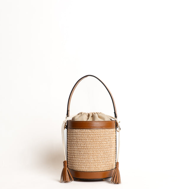 W by Whitemood- Mini secchiello in rafia e pelle - cuoio