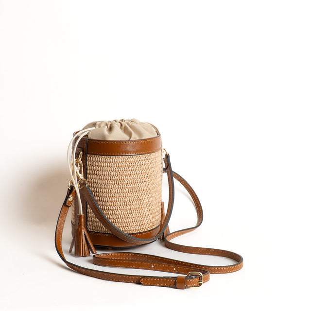 W by Whitemood- Mini secchiello in rafia e pelle - cuoio